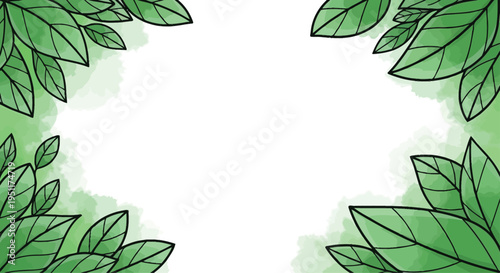 Dark green tropical leaves frame the corners of a bright white background suggesting a lush, healthy environment or eco-friendly product.