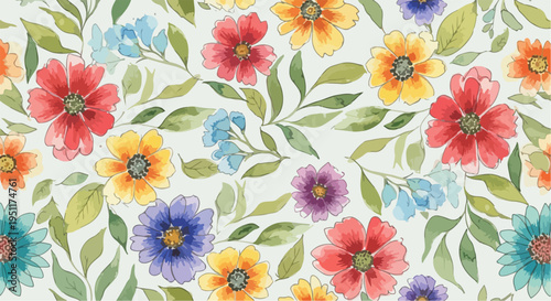 A lively botanical design blending warm and cool tones in a seamless decorative pattern