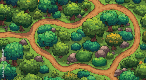 Top-down view of a winding dirt path through a vibrant green forest with various trees and bushes, cartoon vector illustration