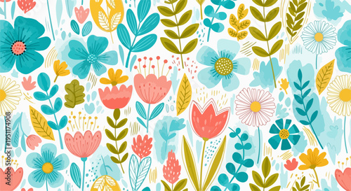 A joyful arrangement of florals and foliage creating a lively and decorative seamless design