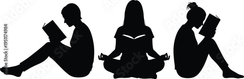 Woman reading book silhouette, yoga meditation pose, sitting girl study, education leisure, flat vector illustration, cad drawing, isolated people set, zen.