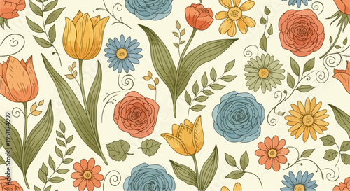 A lively arrangement of flowers and foliage creating a joyful and decorative repeating pattern