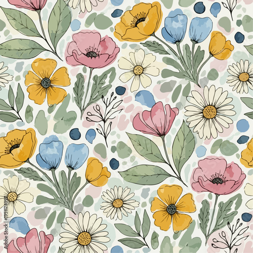 Softly painted blossoms and leaves forming a continuous and visually pleasing botanical wallpaper design