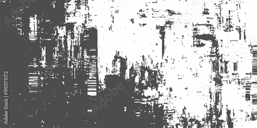 Abstract black and white glitch texture background with distressed grungy noise and geometric digital pixelated artifacts