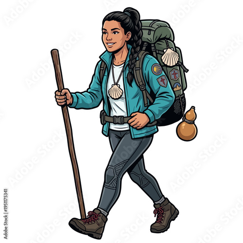 Smiling Young Woman Hiking the Way of Saint James. Camino de Santiago. Pilgrimage. Saint James way