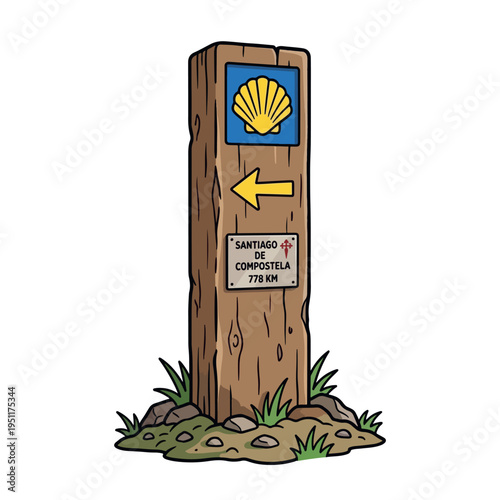 Wooden Milestone Sign for Santiago de Compostela Pilgrimage. Camino de Santiago. Saint James way