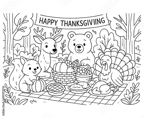 Happy thanksgiving picnic line art coloring book with forest animals and food