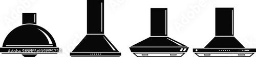 Kitchen range hood appliance icon set featuring modern cooker hood extractor fan and chimney hood in minimal solid vector illustration for home appliance design