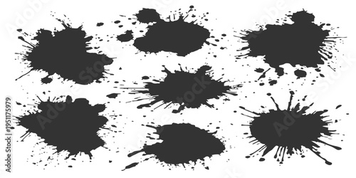 Collection of black ink splatters and grunge paint spots isolated on white background. Vector ink blots and spray drips.