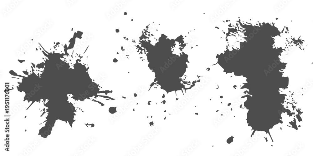 Obraz premium Collection of black ink splatters and grunge paint spots isolated on white background. Vector ink blots and spray drips.