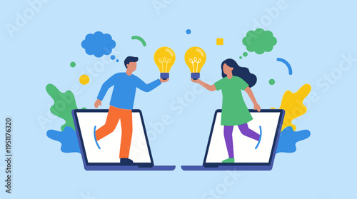 Two people stepping out of laptops with lightbulbs in hand collaborating outdoors