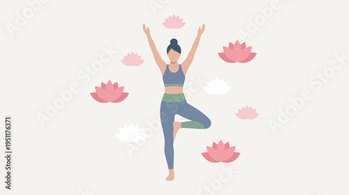 A woman practices yoga surrounded by floating lotus flowers in a serene environment.