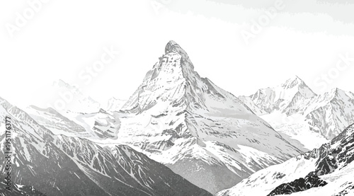 A stunning black and white mountain range with snow covered peaks and slopes under a cloudy sky