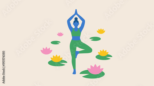 Woman practices yoga surrounded by lotus flowers in serene nature
