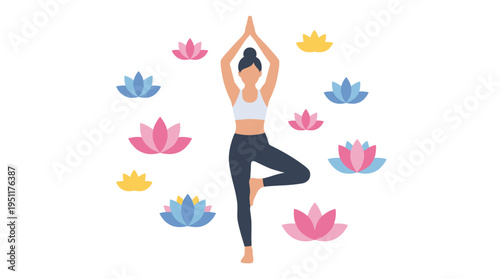 Woman practices yoga surrounded by colorful lotus flowers in serene environment