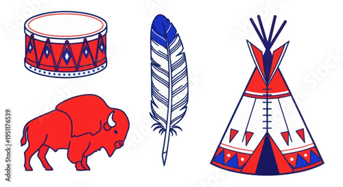 Native American Tribal Symbols: Buffalo, Drum, Feather, Teepee