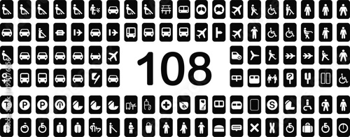 Large Collection of Black and White Pictograms and the Number 108 on White Background icon symbol