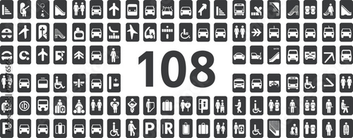 Large Collection of Black and White Icons Representing Transportation and People symbol pictogram