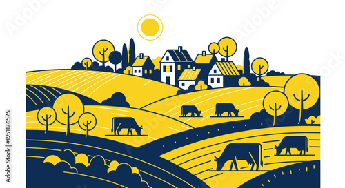 Rural landscape with cows grazing in fields near village houses and trees