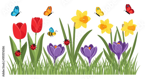 Spring Garden Scene: Tulips, Daffodils, Crocuses, Butterflies, Bees & Ladybugs
