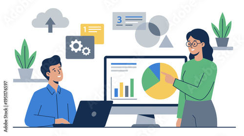 Two colleagues discuss data on a computer screen in an office setting