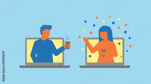 Two people having an online meeting with laptops and celebrating