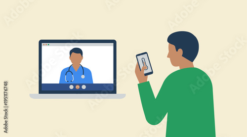 A person in a green shirt holds a phone while a doctor appears on a laptop screen.