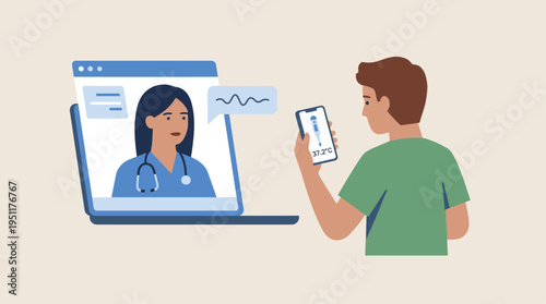 Man consulting doctor on laptop while holding smartphone in office setting