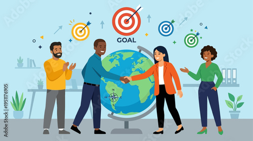 Diverse team members discuss goals around a globe in an office setting