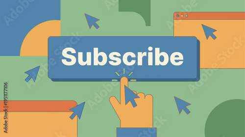 A hand clicking subscribe button on screen with cursor arrows floating around.