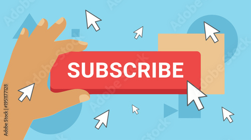 Hand pressing a red 'Subscribe' button surrounded by mouse cursors, illustrating a digital call to action for online content, user engagement, and newsletter sign-ups