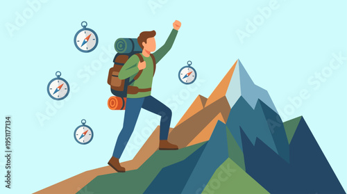 Determined Hiker Ascending Mountain Peak, Illustrating the Adventurous Journey to Success with Clear Direction and Triumphant Achievement