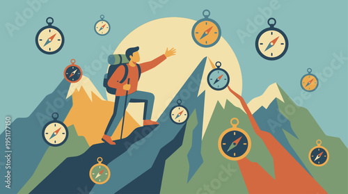 A determined explorer navigates a challenging ascent, guided by floating compasses, symbolizing the concept of direction, purpose, and the adventurous journey of discovery
