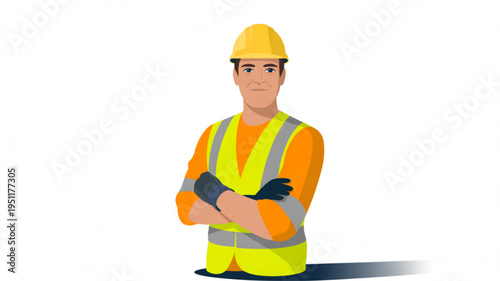 Construction worker in yellow hard hat and safety vest standing with arms crossed isolated on white background representing industry and labor