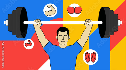 Dynamic illustration of a man lifting weights, symbolizing dedication to physical fitness, muscular strength, and comprehensive body health through an active lifestyle