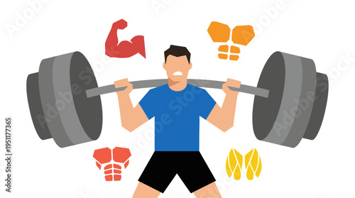Vector illustration Determined man lifts weights, symbolizing strength, fitness, and muscle gain from dedicated bodybuilding and workout routines