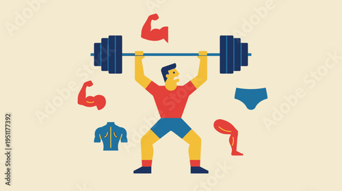 Fitness and Strength Training A Man Lifting Weights Surrounded by Muscle Icons
