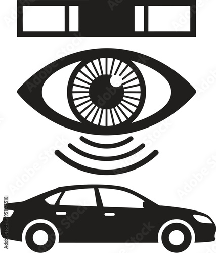 A black and white illustration of a car with an eye and film strip