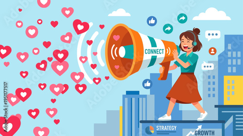 Effective Social Media Engagement Woman Utilizing a Megaphone to Connect with Audiences, Spreading Love and Digital Interaction