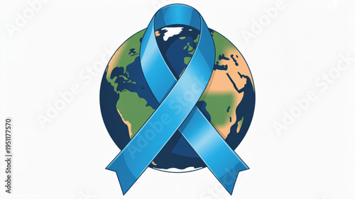 Blue ribbon symbolizing diabetes awareness wrapped around planet Earth representing global health and medical support isolated on white