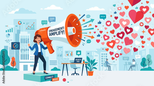 Woman with Megaphone Amplifying Engagement and Spreading Love with Social Media Hearts