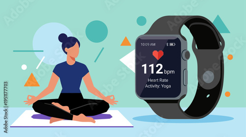 Woman meditating and a smart watch displaying heart rate and activity 'yoga' showcasing a healthy lifestyle and wellness