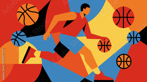 Energetic Basketball Player Dribbling Amidst Abstract Geometric Shapes and Basketballs