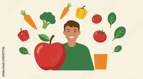 Smiling man embraces a vibrant array of fresh fruits and vegetables, promoting healthy eating and a balanced diet for a wholesome lifestyle