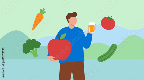 A man holding a glass of juice surrounded by fresh fruits and vegetables, representing a healthy lifestyle and nutrition