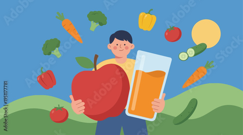 Vibrant illustration A cheerful person embraces healthy eating, surrounded by an abundance of fresh fruits, vegetables, holding an apple and a glass of juice