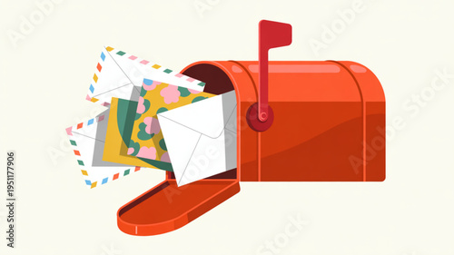 Red mailbox overflowing with colorful letters and envelopes a charming illustration of communication and correspondence for postal services or mail delivery concepts