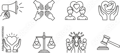 A collection of black and white line drawings depicting various symbols of justice, law, and social causes.