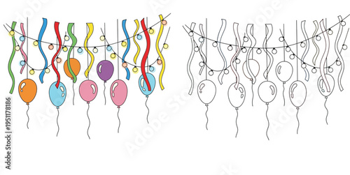 Festive party decoration set with colorful hanging balloons, twisted ribbons, string lights, and matching black and white outline for coloring book.