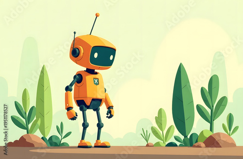 A friendly orange robot stands on a path in a vibrant garden. Colorful flowers and trees surround it under a clear blue sky.